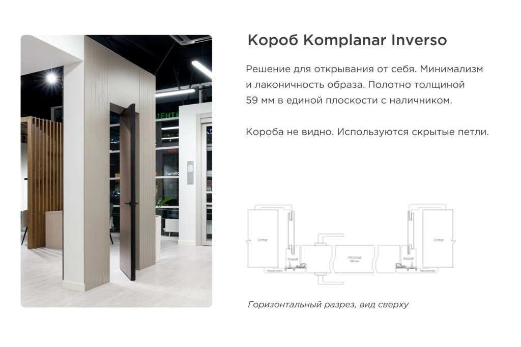 дверь с коробом Komplanar Inverso для открывания от себя в интерьере салона