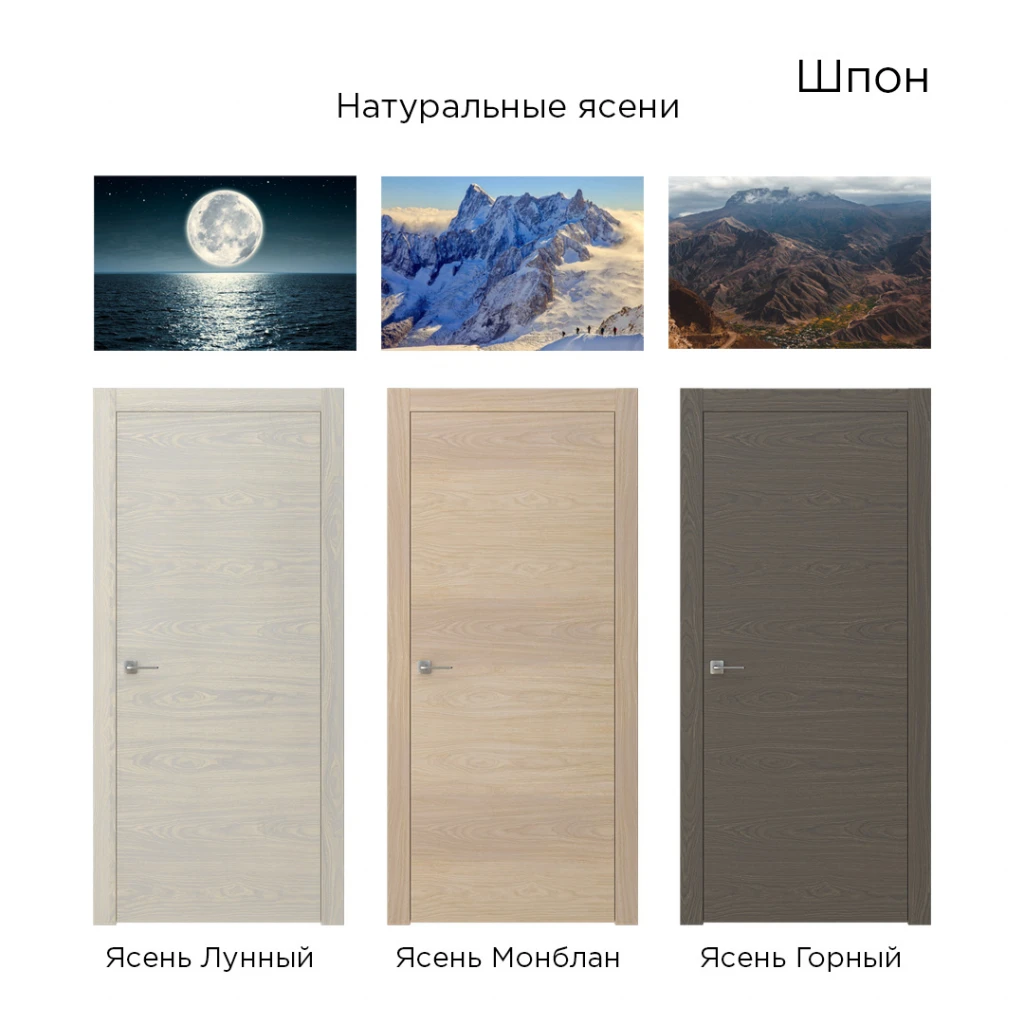 межкомнатные двери из шпона в оттенках ясень лунный, монблан и горный в интерьере